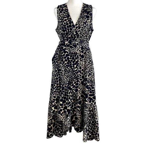 Leopard Animal Print Midi Wrap Dress Womens S Ruffle Hem Sleeveless Fall Neutral - Picture 3 of 14